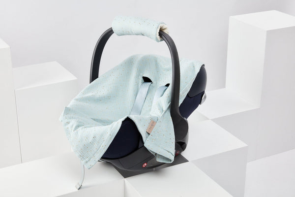 Babydecke für Babyschale Sommer aus Musselin – Musselin goldene Punkte auf Grün, Anwendung