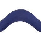 Das KraftKids qualitäts Stillkissen Leinen blau dunkelblau ist ein blaues, V-förmiges Kissen mit ergonomischem Design und glattem Leinenbezug, abgebildet auf weißem Hintergrund.