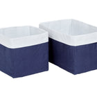 Zwei rechteckige KraftKids Körbchen Leinen blau dunkelblau, ideal für Aufbewahrung Wickeltisch, sind nebeneinander auf einem weißen Hintergrund abgebildet. Ein Korb ist etwas kleiner als der andere.