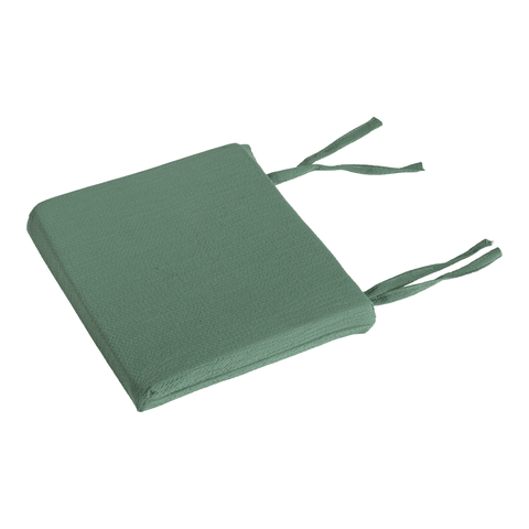 Das KraftKids Sitzkissen für Stühle Doppelkrepp ist ein quadratisches grünes Sitzkissen mit zwei Paar Stoffbändern auf einer Seite, ideal zum Befestigen an Stühlen. Es hat eine einfache, schlichte Textur und leicht abgerundete Kanten.