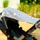 Ein grauer Kinderwagen ist mit dem KraftKids Sonnensegel Musselin Kirschen ausgestattet, einem Sonnenschirm aus 100 % Baumwolle, dessen weißer Stoff mit kleinen Kirschen bedruckt ist und der über das Verdeck drapiert und am Lenker befestigt wird. Im Hintergrund sind Grünflächen und Holzterrassen zu erkennen.