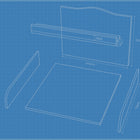 Blaupause des KraftKids Wickelaufsatzes weiß für Waschmaschine/Trockner mit rückseitiger Ablage, mit beschrifteter erhöhter Rückwand, zwei Seitenwänden, Boden, Querstange, Abmessungen und einer KraftKids-Kontaktbox in der rechten unteren Ecke.