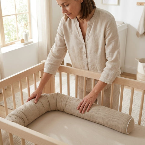 Eine Frau in beiger Kleidung stellt eine KraftKids Wickeltischrolle Musselin beige in ein helles Holzbett in einem sanft beleuchteten, neutral getönten Kinderzimmer.