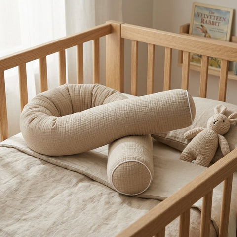 Ein gemütliches Holzbettchen mit beiger Bettwäsche, einer KraftKids Wickeltischrolle Musselin beige und einem passenden Plüschhasen. Das Buch The Velveteen Rabbit steht auf einem Regal im Hintergrund.