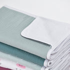 Eine Nahaufnahme von ordentlich gefalteten KraftKids-Babydecken und einer Wickelunterlage Musselin mint in Pastelltönen und niedlichen Cartoon-Motiven, darunter grün, weiß und rosa, angeordnet auf einem weißen Hintergrund.