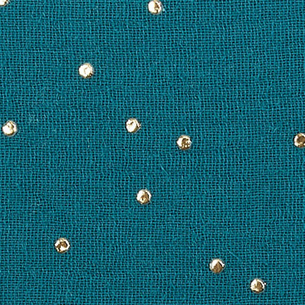 KraftKids Stoff Musselin goldene Punkte auf Petrol MGD SSS097: Teal 100% Baumwolle Stoff mit einem strukturierten Gewebe, mit kleinen, gleichmäßig verteilten goldenen Metallic-Punkten für ein elegantes Streumuster.
